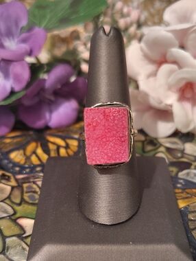 Pink Druzy Statement Gemstone Ring - Size 8 3/4